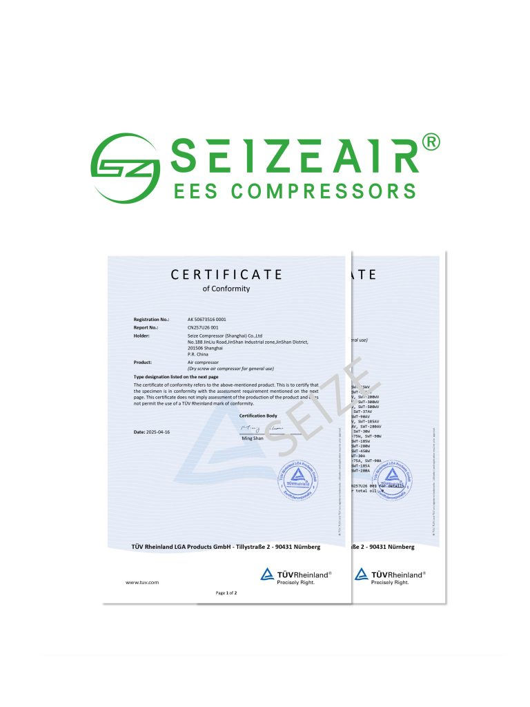 Seize’s Oil-Free Air Compressors Earn Prestigious TÜV Rheinland Certification – A Milestone in Quality and Reliability